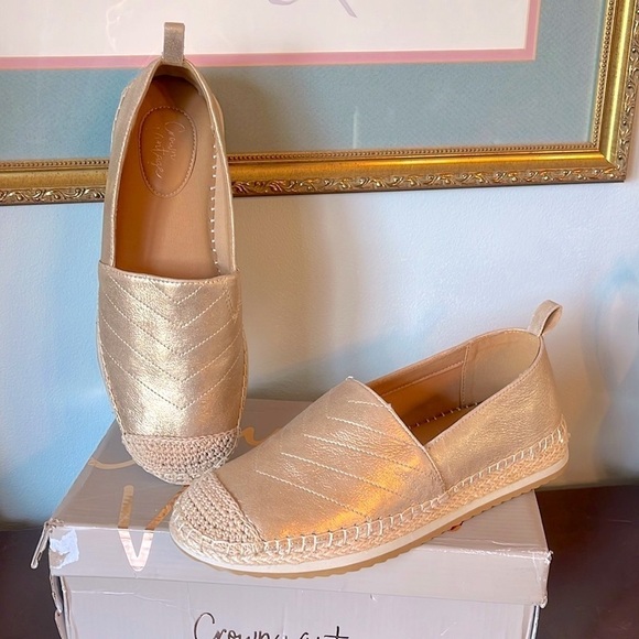 Brand New Crown Vintage Genuine Leather Soft Gold Espadrilles Hemp Slip On Flats - Picture 1 of 15